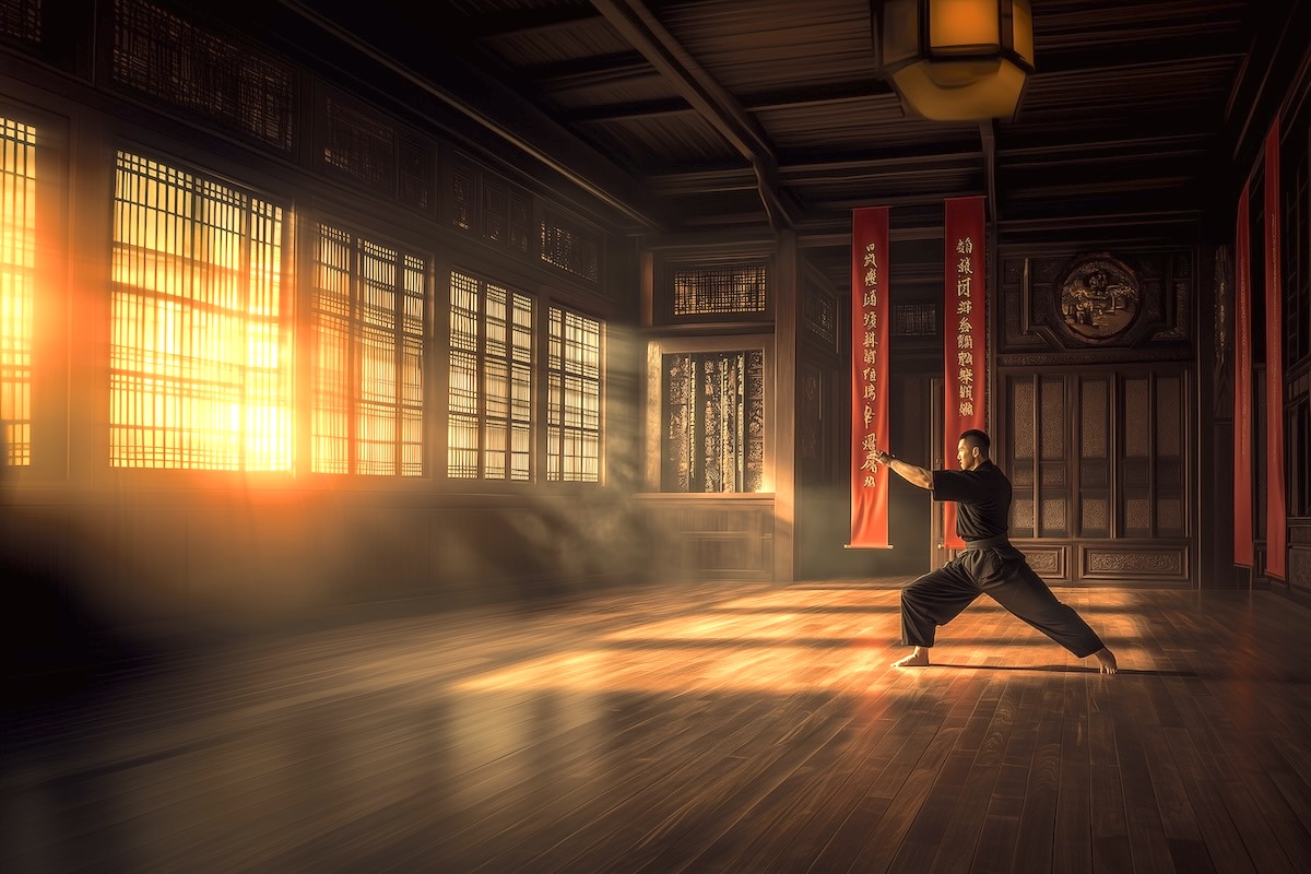potomac-kempo-martial-artist-precise-block | Potomac Kempo A martial artist practicing a precise block in a traditional dojo with red and black decor.