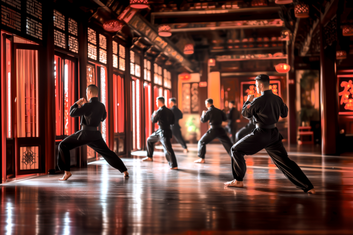 potomac-kempo-martial-artist-training | Potomac Kempo Martial artists practice in a traditional dojo with red and black decor.